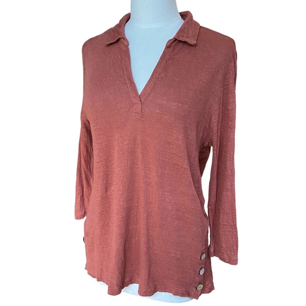 Tahari 100% Linen Popover Top Terracotta Side Wood Buttons Quiet Luxury -M